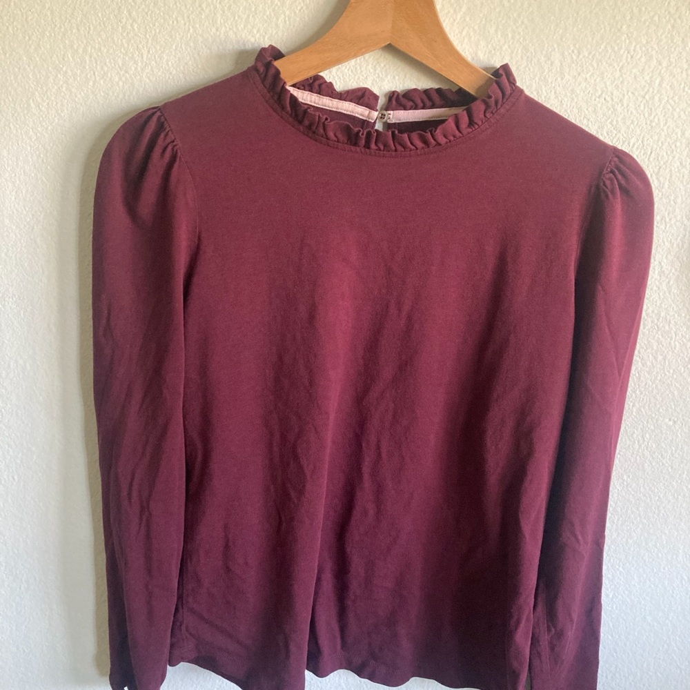 Boden Burgundy Ruffled Long Sleeve Top